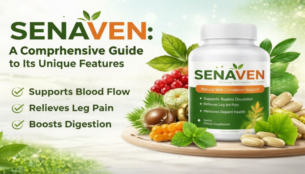 A bottle of Senaven supplement is surrounded by fresh fruits, leaves, and capsules. Text highlights Senaven’s benefits: supports blood flow, relieves leg pain, and boosts digestion. The bright green background adds freshness.