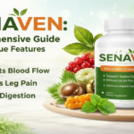 A bottle of Senaven supplement is surrounded by fresh fruits, leaves, and capsules. Text highlights Senaven’s benefits: supports blood flow, relieves leg pain, and boosts digestion. The bright green background adds freshness.