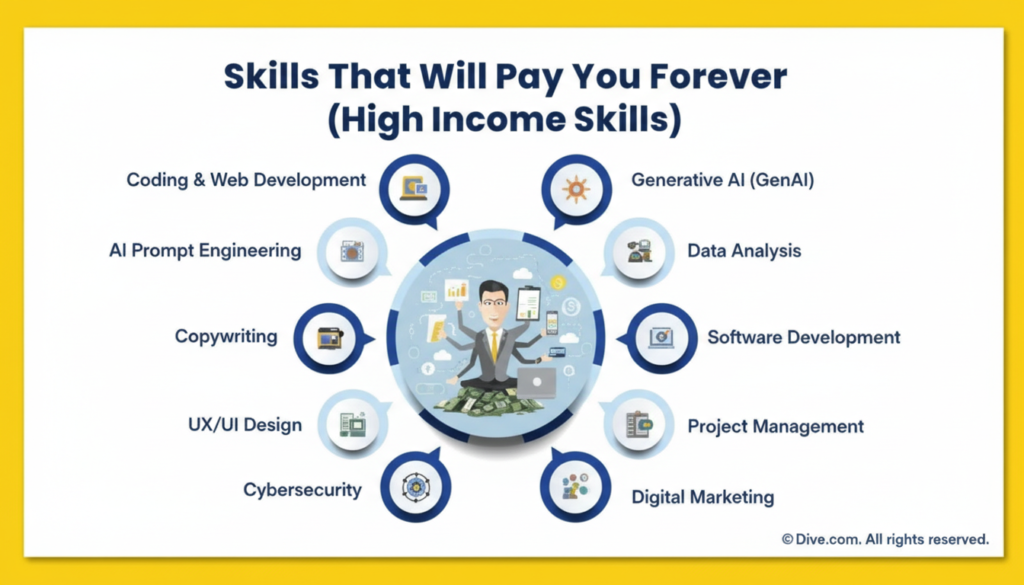 Infographic titled “Skills That Will Pay You Forever (High Income Skills)” listing top skills: coding & web development, AI prompt engineering, copywriting, UX/UI design, cybersecurity, GenAI, data analysis, software development, project management, and digital marketing.