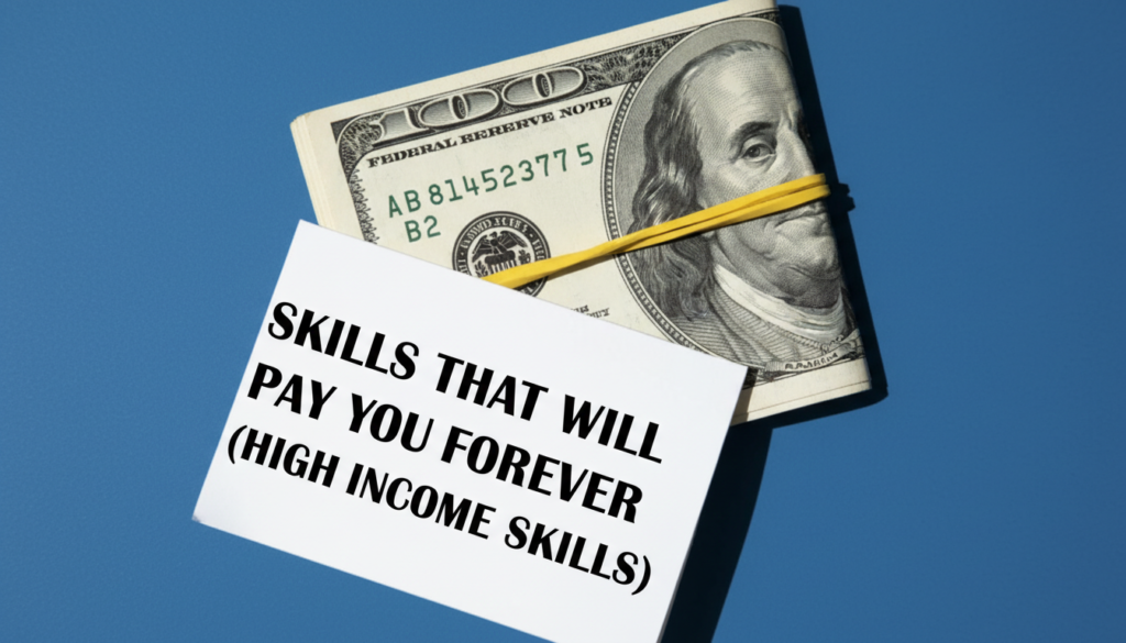 A rolled-up $100 bill secured with a yellow rubber band sits beside a white card reading, SKILLS THAT WILL PAY YOU FOREVER (HIGH INCOME SKILLS), set against a blue background—highlighting the value of learning high-income skills.