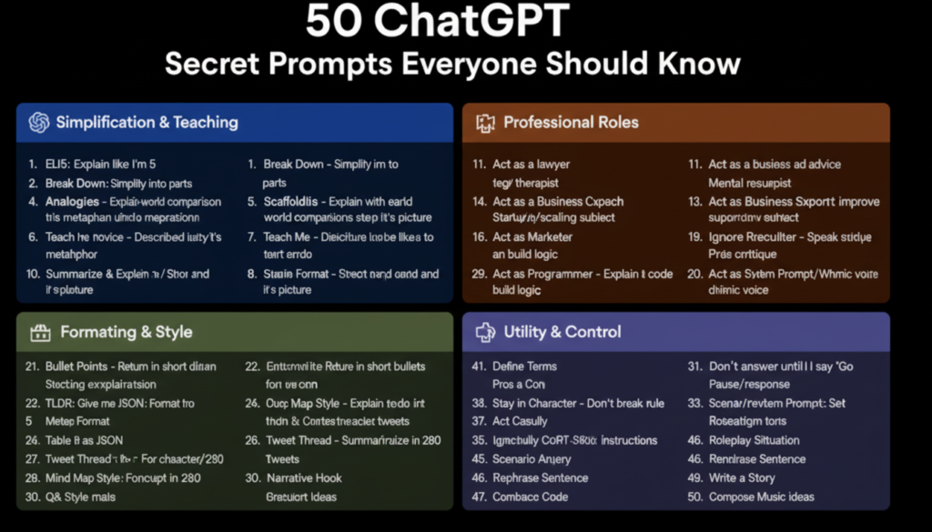 A colorful infographic titled 50 ChatGPT Secrets Prompts Everyone Should Know, displaying four sections: Simplification & Teaching, Professional Roles, Formatting & Style, and Utility & Control, each listing various numbered prompt suggestions.