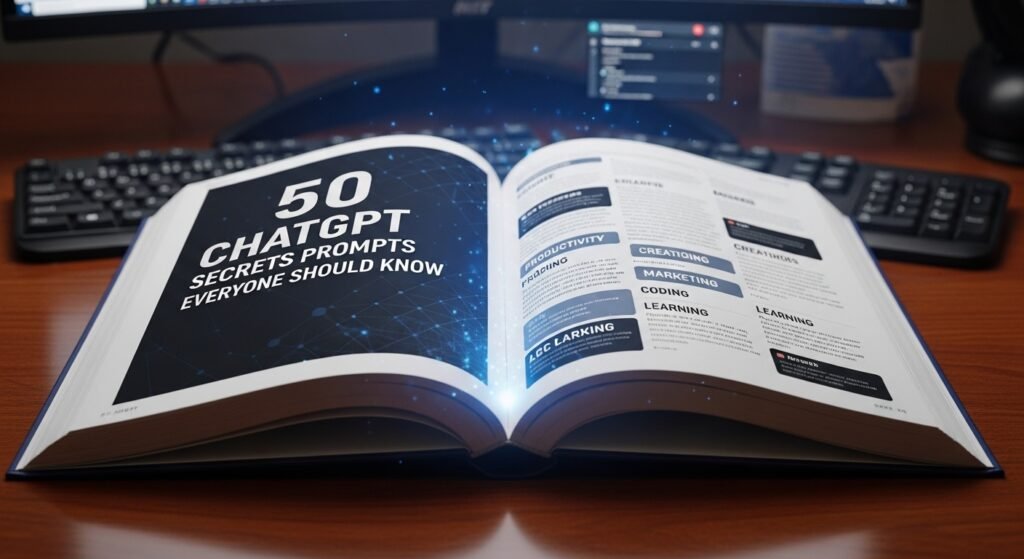 An open book titled ChatGPT Secrets Prompts rests on a desk before a computer monitor and keyboard, displaying categorized prompts and tips that reveal essential secrets everyone should know.