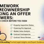 A graphic titled Framework Homeownership Making an Offer Answers: What to Check Before You Sign, featured by CNLawBlog, lists property inspection, financing pre-approval, market value, contract contingencies, and terms with illustrated clipboards and folders.