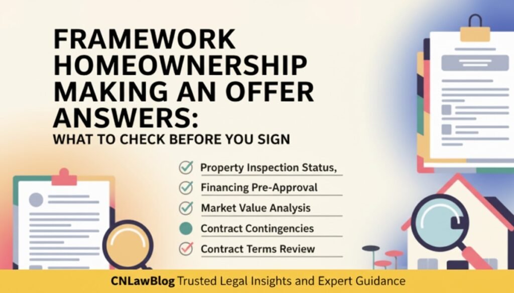 Infographic titled Framework Homeownership Making an Offer Answers: What to Check Before You Sign, featuring guidance from CNLawBlog on property inspection status, financing pre-approval, market value analysis, contract contingencies, and contract terms review.