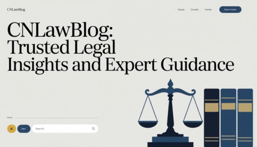 A website homepage displays CNLawBlog: Trusted Legal Insights and Expert Guidance with icons of legal scales and books, plus a search bar beneath the main headline.