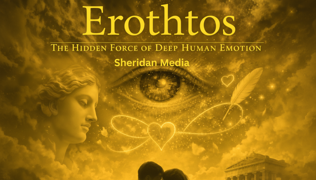 A golden-toned image features the text Erothtos: The Hidden Force of Deep Human Emotion, Sheridan Media, with motifs of a classical statue, a large eye, hearts, a feather, a couple embracing, and Greek-style columns. Erothtos radiates throughout.