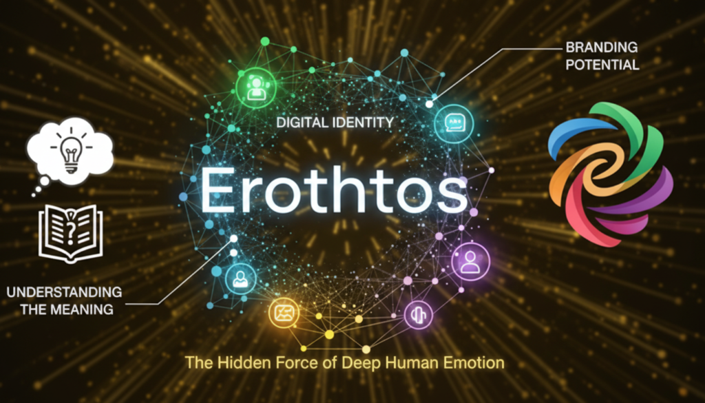 A digital graphic features Erothtos at the center, surrounded by icons and lines, with phrases like Digital Identity, Understanding the Meaning, Branding Potential, and The Hidden Force of Deep Human Emotion.