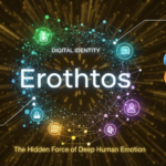 A digital graphic features Erothtos at the center, surrounded by icons and lines, with phrases like Digital Identity, Understanding the Meaning, Branding Potential, and The Hidden Force of Deep Human Emotion.