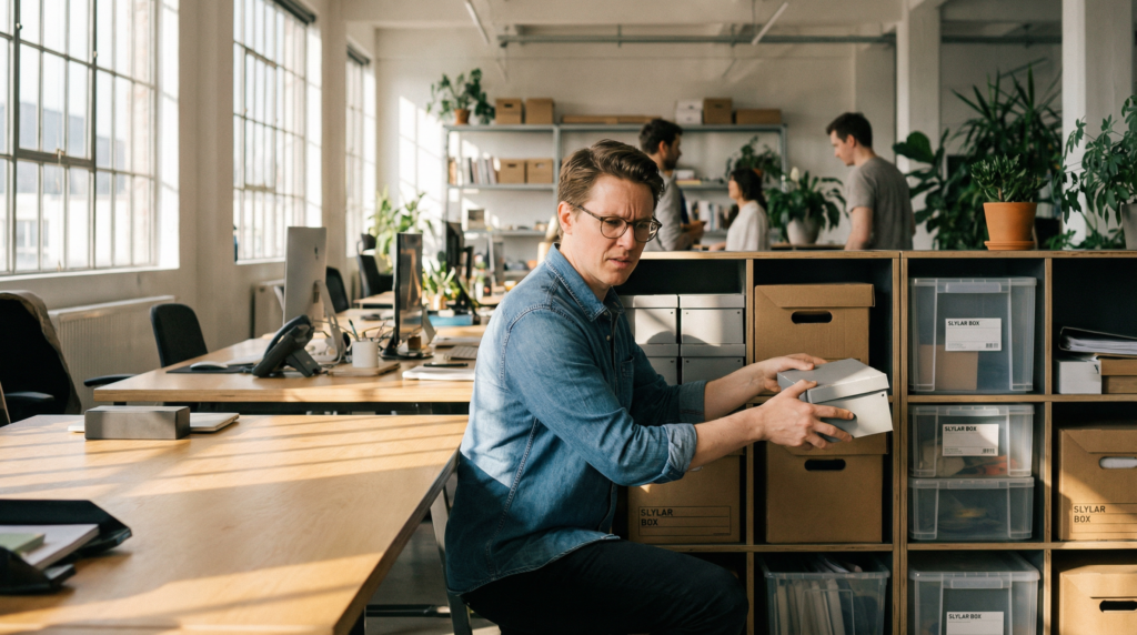 A person wearing glasses and a denim shirt kneels by storage shelves, organizing Slylar Box containers in a bright modern office. Several other people work and talk together in the background among desks and plants.