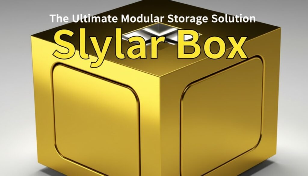 A shiny gold Slylar Box sits below the text The Ultimate Modular Storage Solution, representing a sleek and modern storage product.