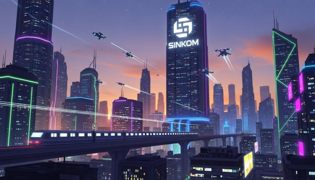 Futuristic cityscape at sunset with neon-lit skyscrapers, flying vehicles, a high-speed train on an elevated track, and the iconic Sinkom logo glowing atop a tall building.