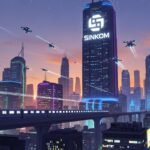 Futuristic cityscape at sunset with neon-lit skyscrapers, flying vehicles, a high-speed train on an elevated track, and the iconic Sinkom logo glowing atop a tall building.