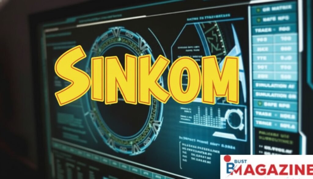 A computer screen displays futuristic graphics and data, with the word Sinkom in large, bold yellow letters. The lower right corner features a MAGAZINE logo with a striking red and blue design.
