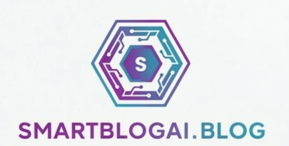 A hexagonal logo with circuit patterns and a letter S in the center, above the text SMARTBLOGAI.BLOG in purple and blue gradient.